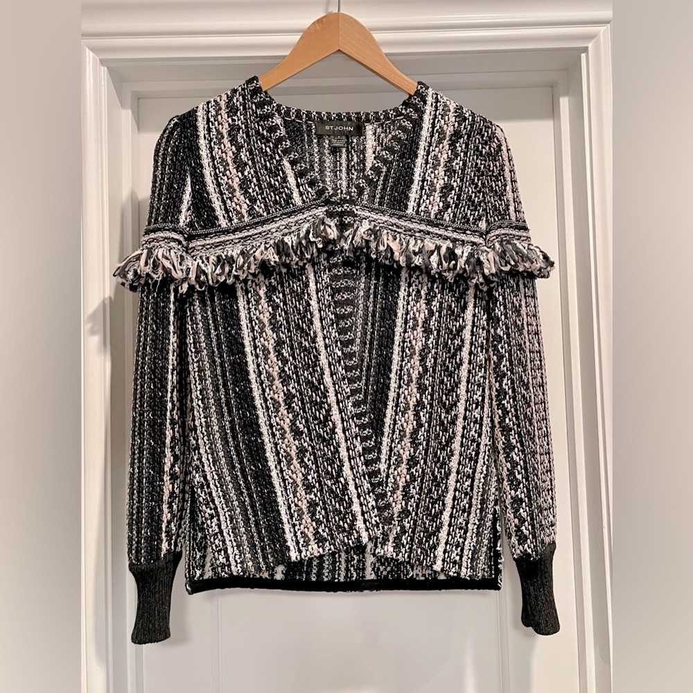 St. John Knits Fringe Tweed Jacket/Cardigan (Black-Multi) (Size 0)